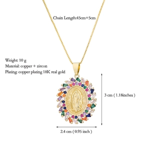 Détails du collier Vierge de Guadalupe en or avec halo de zircons multicolores