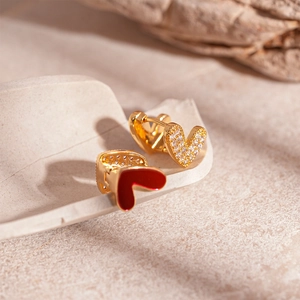 Vintage gold plated heart hoop earrings with red enamel and pavé cubic zirconia