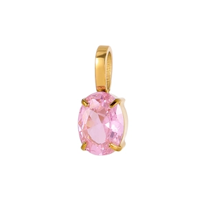 Detailed view of pink oval zircon pendant with gold-plated four-claw setting
