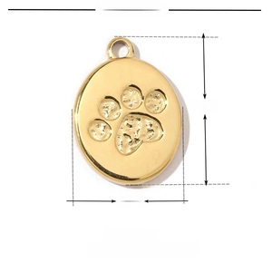 Macro view of stainless steel gold dog paw print pendant with 14x10mm dimensions