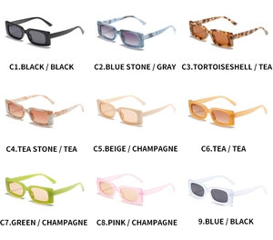 Macro display of nine retro rectangular sunglasses in assorted frame colors and tints