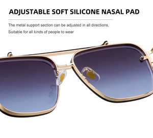 Detail of adjustable soft silicone nose pads on square metal frame sunglasses