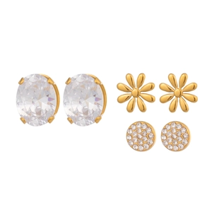 Detailed set of three gold-tone stud earrings featuring crystals and flower shapes