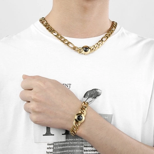 Men's gold-plated titanium steel Cuban chain necklace and bracelet set with black stones