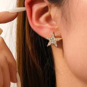 Stainless Steel Star Stud Earrings With Clear Sparkling Rhinestones Elegant Fashion Jewelry Accessories For Women