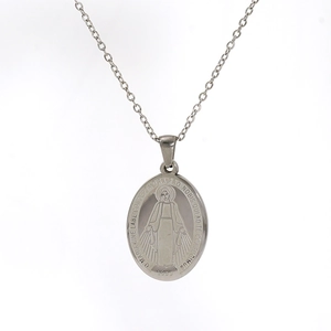 Silver stainless steel religious oval pendant necklace with Virgin Mary portrait engraving