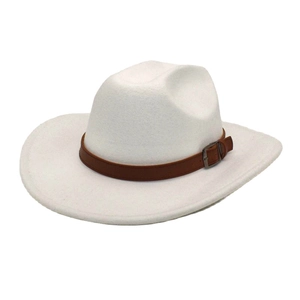 Detailed macro view of white wool felt cowboy hat with brown leather metal buckle band