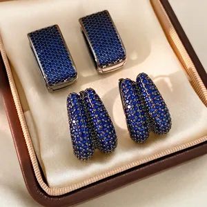 Vintage Blue Zircon Hoop Earrings Copper Double Layer Water Drop Square Retro Luxury Style For Women