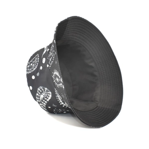 Close-up of black paisley fisherman hat featuring double-sided fabric and reinforced brim stitching