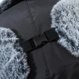Winter bomber hat with black windproof fabric, grey faux fur lining and buckle closure