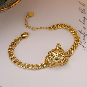 Hollow Leopard Head Bracelet Copper Gold Plated Green Eye Geometric Cuban Link Adjustable Fashion Jewelry For Women