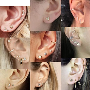 Set of three 3mm S925 sterling silver mini stud earrings with cubic zirconia and pearls