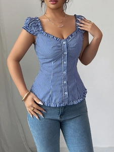 Close-up of blue and white striped shirt with ruffles, button-front, and square neckline