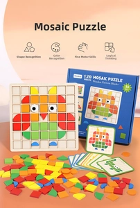 Detail of wooden 3D mosaic puzzle with 120 geometric blocks and pattern cards