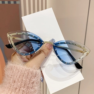 Trendige randlose Cat-Eye-Sonnenbrille mit Strass und blauen Verlaufsgläsern
