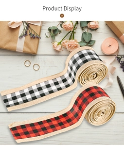 Detail of buffalo plaid ribbons with burlap edges for rustic holiday DIY decorations