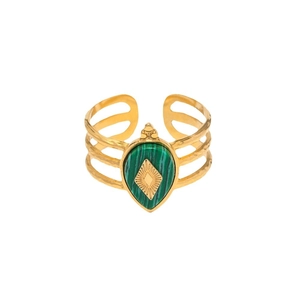 18K gold plated stainless steel ring featuring a green teardrop malachite stone inlay