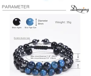 Size chart for 8mm blue tiger eye and black agate double layer adjustable bracelet