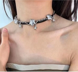 Y2K style silver star choker necklace with interwoven black leather and metal chains