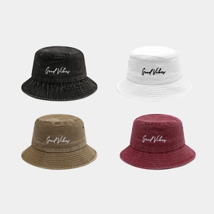 Washed Cotton Bucket Hat Breathable Sun Protection Outdoor Travel Retro Letter Embroidery Unisex Summer Spring Vintage