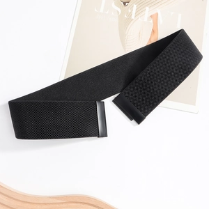 Detail shot of a 5cm wide black elastic waist belt with a matte black metal buckle