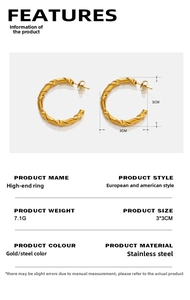 Detailed view of 18K gold plated stainless steel C-shaped twisted hoop earrings size guide