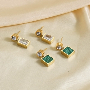 18K Gold Plated 304 Stainless Steel Geometric Stud Earrings For Women With Zirconia And Square Malachite Texture Pendant