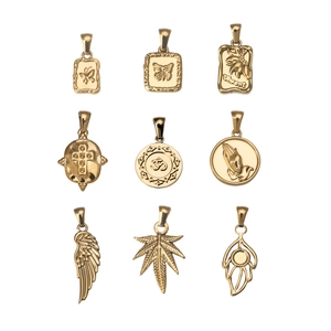 Set of 9 gold stainless steel pendants featuring wings, leaves, and prayer hands designs