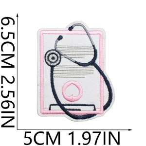 Detail of stethoscope embroidery patch with precise size measurements in inches and cm