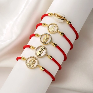 Red Braided Rope Bracelet Gold Plated Copper Religious Virgin Mary Shell Charm Adjustable Drawstring Zirconia Women
