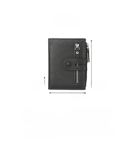 Detailed view of black PU leather wallet dimensions with card slots and zipper compartments