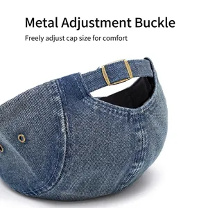 Washed denim baseball cap with an adjustable metal buckle closure for a custom fit