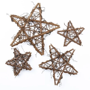 Set of four handmade natural rattan star ornaments in varying sizes for festive decor