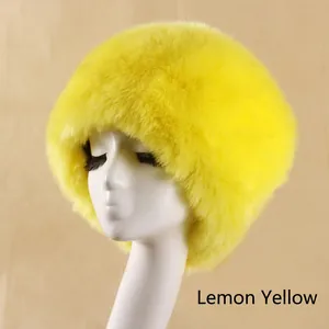 Detailed view of plush lemon yellow faux fur hat with thick winter fleece texture