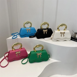 Women Shoulder Bag PU Leather Metal Bow Irregular Gold Handle Wavy Scalloped Fashion Crossbody Handbag