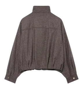 Back view of a cropped brown herringbone bomber jacket with elasticated waist and cuffs