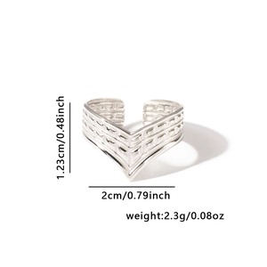 Silver V-shaped open ring size specifications showing 1.23cm height and 2cm width detail