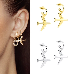 Minimalist airplane drop earrings in gold and silver finish for women fashion