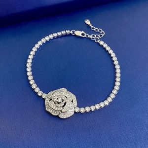 925 Sterling Silver Rose Flower Bracelet For Women Elegant Camellia Shape Rhinestone Inlaid Tennis Chain Jewelry Gift