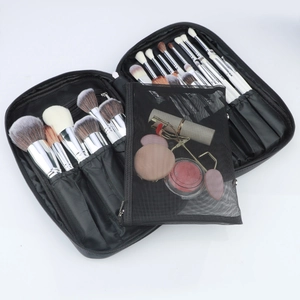 Portable makeup brush organizer bag with zipper compartments for professional cosmetics