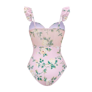 Maillot de bain une pièce rose à fleurs avec bretelles à volants et motif roses jaunes