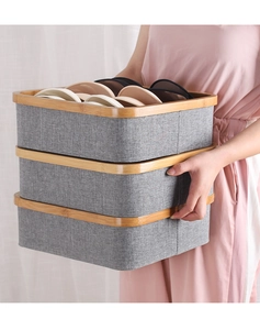 Three-piece set of grey Oxford fabric storage bins with bamboo frames for bras and socks