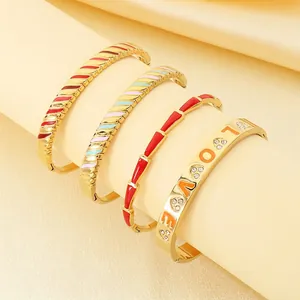 Stainless Steel Bangle Bracelet 18K Gold Plated Enamel Stripe Love Letter Rhinestone Fashion Jewelry For Women