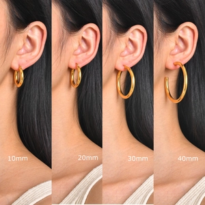 Polished 18k gold plated stainless steel hoop earrings in 10mm, 20mm, 30mm, 40mm sizes