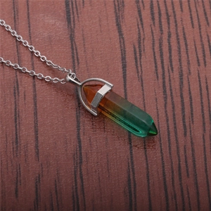 Hexagonal column semi-precious stone pendant necklace with orange to green gradient