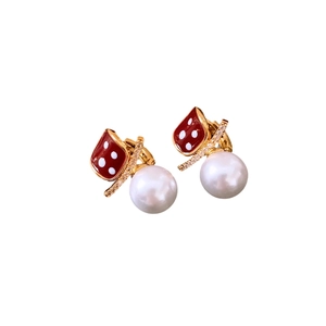 Elegant gold plated square pearl earrings with red heart enamel and sparkling zircon accents