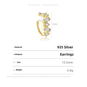 Detailed size parameters for S925 sterling silver ear clip with rectangular zircons