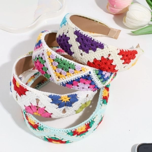 Handmade crochet floral headband set with colorful granny square patterns on white background