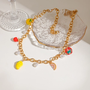 Titanium steel gold necklace with colorful fruit pendants and white imitation pearls
