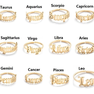 Gothic Letter Zodiac Sign Open Ring Stainless Steel Adjustable Constellation Jewelry For Women Retro Minimalist Birthday Gift